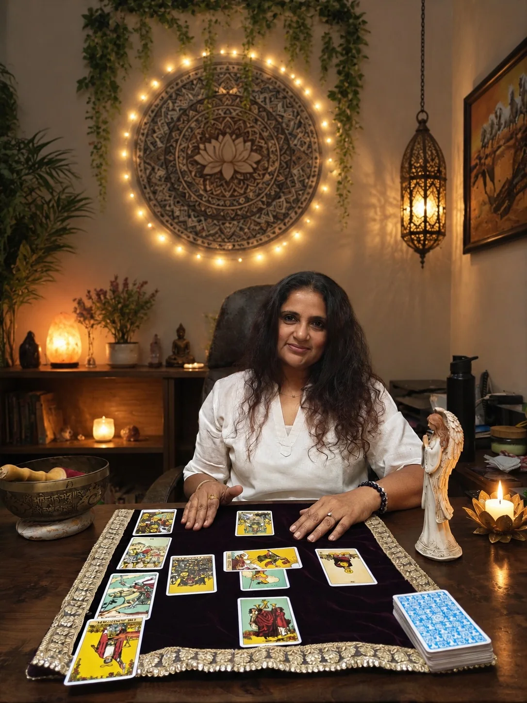 Violet Vibes facilitator seated at a tarot reading table in a warmly lit studio