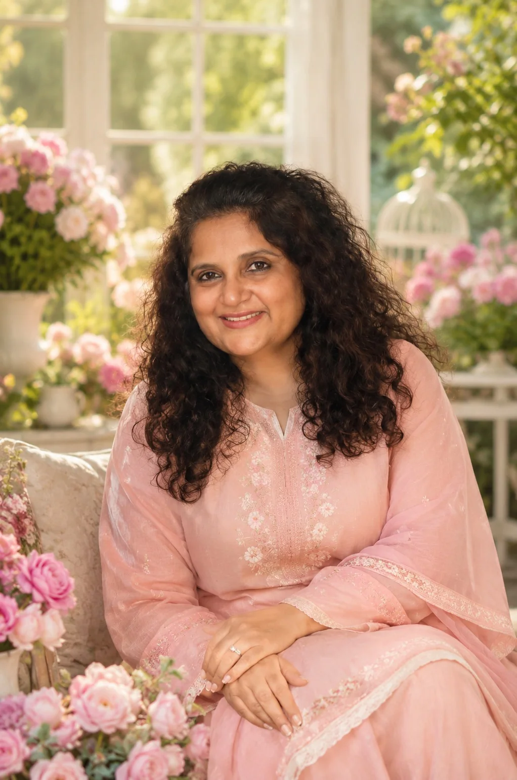 Moneka seated in a light-filled floral setting