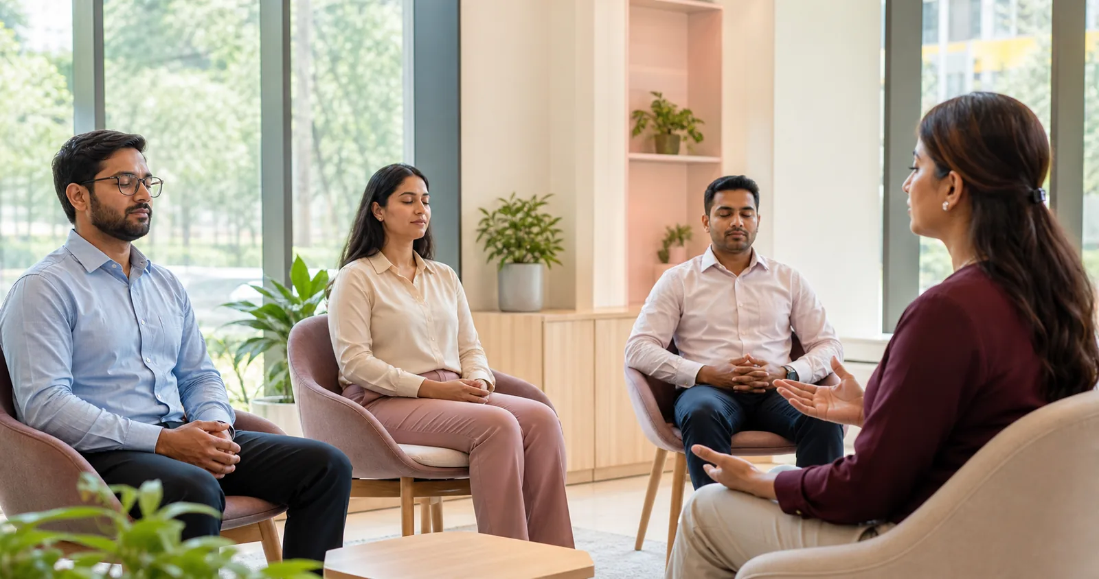 Indian professionals taking part in a guided workplace mindfulness session